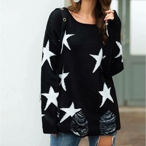 Shein Star Distressed Sweater Black White Destroyed Oversized medium Long Tunic
